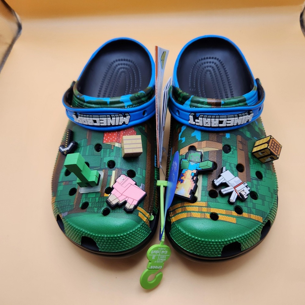 Minecraft Crocs Classic Clog Shoes Size Mens 10 Womens 12 Green‎ Jibbitz Gaming